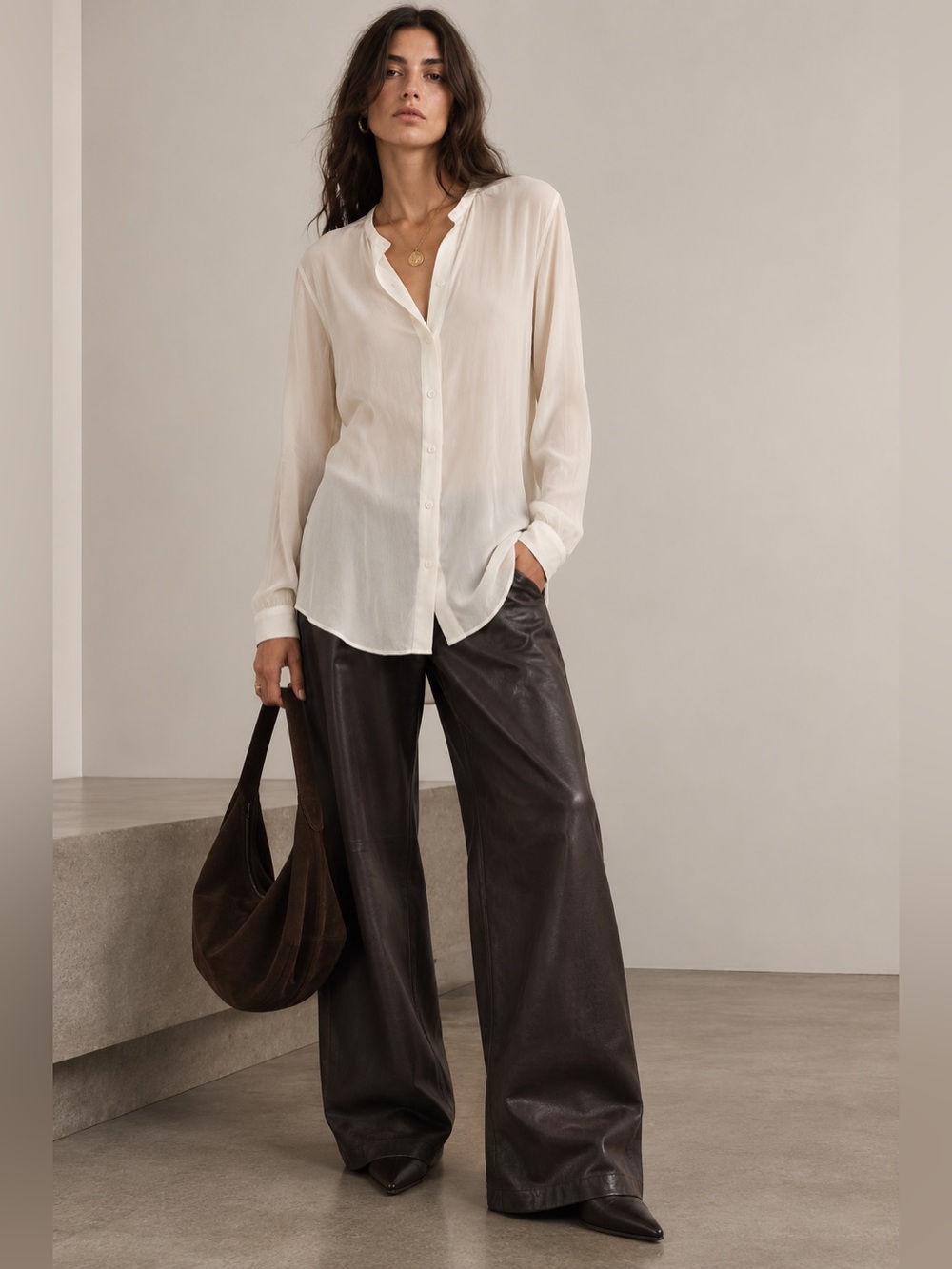 Equipment Femme Ivory Collarless Button Down Blouse